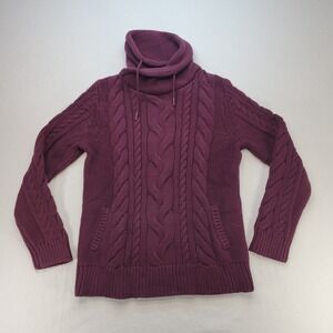 LL Bean Sweater Womens Medium Burgundy Cable Knit Cowl Neck Heavy Cotton